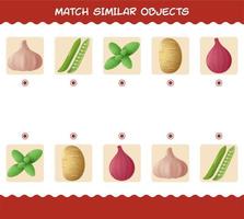 match similaire de légumes de dessin animé. jeu de correspondance. jeu éducatif pour les enfants d'âge préscolaire et les tout-petits vecteur