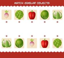 match similaire de légumes de dessin animé. jeu de correspondance. jeu éducatif pour les enfants d'âge préscolaire et les tout-petits vecteur