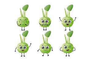 jeu de caractères vectoriels de légumes de chou-rave de dessin animé mignon isolé sur fond blanc vecteur