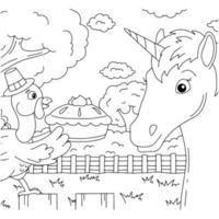 une dinde de ferme porte une tarte à la citrouille. jolie licorne. cheval de fée magique. page de livre de coloriage pour les enfants. jour d'action de grâce. style de bande dessinée. illustration vectorielle isolée sur fond blanc. vecteur