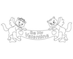 un joli couple de chats tient une bannière avec félicitations. page de livre de coloriage pour les enfants. La Saint-Valentin. personnage de style dessin animé. illustration vectorielle isolée sur fond blanc. vecteur