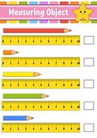 objet de mesure avec règle. feuille de travail de développement de l'éducation. jeu pour les enfants. page d'activité en couleur. casse-tête pour les enfants. personnage mignon. illustration vectorielle. style bande dessinée. vecteur