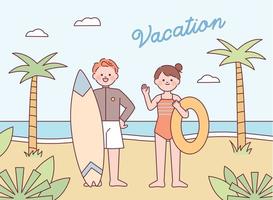 affiche de vacances d'été. homme et femme mignons se saluant avec des planches de surf et des tubes de natation. fond d'île tropicale. vecteur