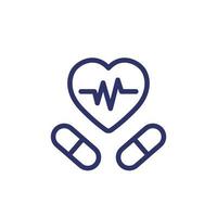 pilules pour le coeur, icône de la ligne de médicaments cardiaques vecteur