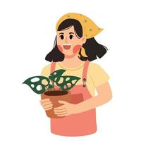 femme de jardinage tenant une illustration de plante vecteur
