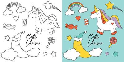 joli clipart graphique licorne à colorier avec étoile et bonbons pour la décoration vecteur