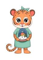 nouvelle année mignon bébé fille tigre avec illustration vectorielle de boule de neige vecteur