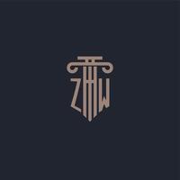 monogramme de logo initial zw avec un design de style pilier pour un cabinet d'avocats et une société de justice vecteur