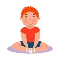 gymnastique sportive pour enfants. le garçon est assis dans la position du lotus. exercices pour étirer les muscles des jambes. vecteur