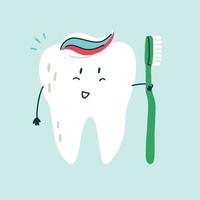 Dent blanche de personnage drôle mignon avec du dentifrice et une brosse à dents vecteur