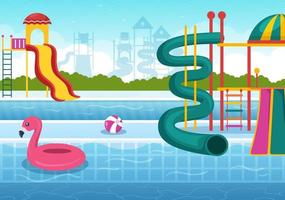 parc aquatique avec piscine, amusement, toboggan, palmiers pour les loisirs et aire de jeux extérieure en illustration de dessin animé plat vecteur