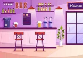 bar ou pub le soir avec bouteilles de boissons alcoolisées, barman, table, intérieur et chaises dans la salle intérieure en illustration de dessin animé plat