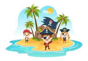 illustration de personnage de dessin animé mignon pirate avec roue en bois, coffre, caraïbes vintage, pirates et jolly roger sur un bateau en mer ou sur une île
