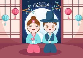 joyeux jour de chuseok en corée pour action de grâces avec des gens dans le hanbok traditionnel, la pleine lune et le paysage du ciel en illustration de dessin animé plat vecteur