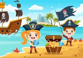 illustration de personnage de dessin animé mignon pirate avec roue en bois, coffre, caraïbes vintage, pirates et jolly roger sur un bateau en mer ou sur une île vecteur