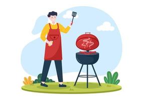 barbecue ou barbecue avec steaks sur grill, assiettes, saucisses, poulet, légumes et personnes en pique-nique ou fête dans le parc en illustration de dessin animé plat vecteur