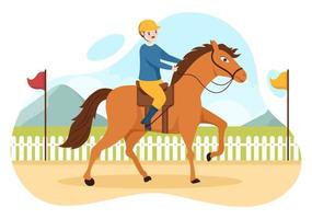 illustration de dessin animé de course de chevaux avec des personnages faisant des championnats sportifs de compétition ou des sports équestres dans l'hippodrome vecteur