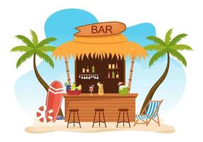 bar tropical ou pub sur la plage avec bouteilles de boissons alcoolisées, barman, table, intérieur et chaises au bord de la mer en illustration de dessin animé plat vecteur