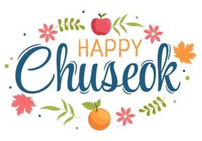 joyeux jour de chuseok en corée pour thanksgiving avec texte de calligraphie, pleine lune et paysage de ciel en illustration de dessin animé plat vecteur