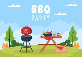 barbecue ou barbecue avec steaks sur grill, grille-pain, assiettes, saucisses, poulet et légumes en illustration de dessin animé de fond plat vecteur
