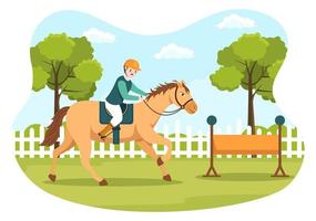 illustration de dessin animé d'équitation avec un personnage de personnes mignonnes pratiquant des sports d'équitation ou d'équitation dans le champ vert vecteur