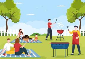 barbecue ou barbecue avec steaks sur grill, assiettes, saucisses, poulet, légumes et personnes en pique-nique ou fête dans le parc en illustration de dessin animé plat vecteur