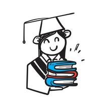 personne doodle dessiné à la main porter une robe de graduation tenant un vecteur d'illustration de livre