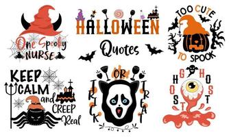 ensemble de citations d'halloween conçu dans un style doodle dans des tons noir et orange sur fond blanc pour les décorations sur le thème d'halloween, la conception de t-shirts, les motifs de sacs, les tasses, les motifs de tissus, les motifs de t-shirts vecteur