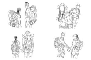 ensemble paquet couple aventure explorer voyage montagne camping romance périple sport dessin au trait dessiné à la main vecteur