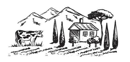 paysage de montagne. vache en noir. Moulin à vent. style de croquis, illustration vectorielle. vecteur