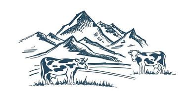 paysage de montagne. vache en noir. Moulin à vent. style de croquis, illustration vectorielle. vecteur