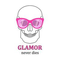 crâne en lunettes de soleil roses. le glamour ne meurt jamais. conception d'impression pour t-shirt, autocollant, autocollant, bloc-notes. illustration vectorielle isolée sur fond blanc vecteur