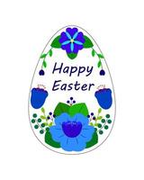carte de voeux joyeuses pâques. illustration vectorielle d'un oeuf de pâques fait de fleurs de printemps bleu avec inscription à l'intérieur. isolé sur fond blanc vecteur