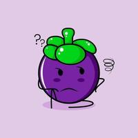 personnage de mangoustan mignon avec une expression de pensée et asseyez-vous. vert et violet. adapté pour émoticône, logo, mascotte vecteur