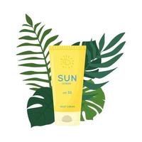 produit de soin de la peau. protection solaire, crème de protection uv. tube de produit de protection solaire avec spf. cosmétique d'été. illustration de vecteur plat isolé sur fond blanc