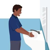 un homme se lavant les mains dans l'illustration vectorielle du concept d'évier. se laver les mains sous le robinet avec de l'eau et du savon. soins de santé de prévention des virus et des bactéries au design plat. vecteur