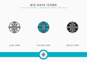 les icônes de données volumineuses définissent une illustration vectorielle avec un style de ligne d'icône solide. concept de base de données en nuage. icône de trait modifiable sur fond isolé pour la conception Web, l'interface utilisateur et l'application mobile vecteur