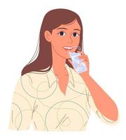 portrait d'une jeune femme buvant de l'eau dans un verre. vecteur