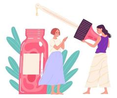 les filles utilisent de l'huile cosmétique pour le visage. illustration vecteur