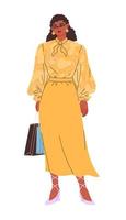 femme à lunettes, chemisier jaune et jupe avec des sacs de la boutique. vecteur