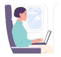 femme travaillant sur un ordinateur portable dans la cabine de vol. vecteur