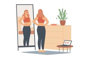 femme pas satisfaite de son poids, elle regarde son ventre et sa taille, se tient devant un miroir et regarde son corps après l'entraînement