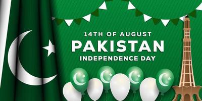 illustration réaliste de la fête de l'indépendance du pakistan avec ballon réaliste et drapeau pakistanais