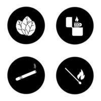 jeu d'icônes de glyphe de fumer. feuilles de tabac, briquet, cigare, allumette brûlante. illustrations de silhouettes blanches vectorielles dans les cercles noirs vecteur