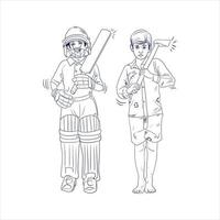 concept de journée du travail des enfants dans l'illustration de croquis de dessin d'art en ligne. concept d'enfant pauvre vs riche. illustration de concept créatif de la fête du travail. idée joueur de cricket vs bûcheron. construire l'avenir des enfants. vecteur