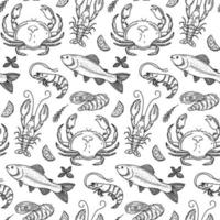 modèle sans couture de fruits de mer dessinés à la main. arrière-plan décoratif doodle de calmar, saumon, pétoncles, homard, crabe, crustacés et moules vecteur