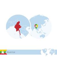 myanmar sur le globe terrestre avec drapeau et carte régionale du myanmar. vecteur