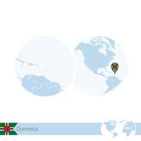 dominique sur le globe terrestre avec drapeau et carte régionale de la dominique.