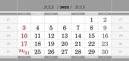bloc de calendrier trimestriel de juillet 2022. calendrier mural en anglais, la semaine commence le dimanche. vecteur