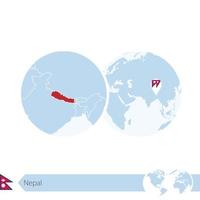népal sur le globe terrestre avec drapeau et carte régionale du népal. vecteur